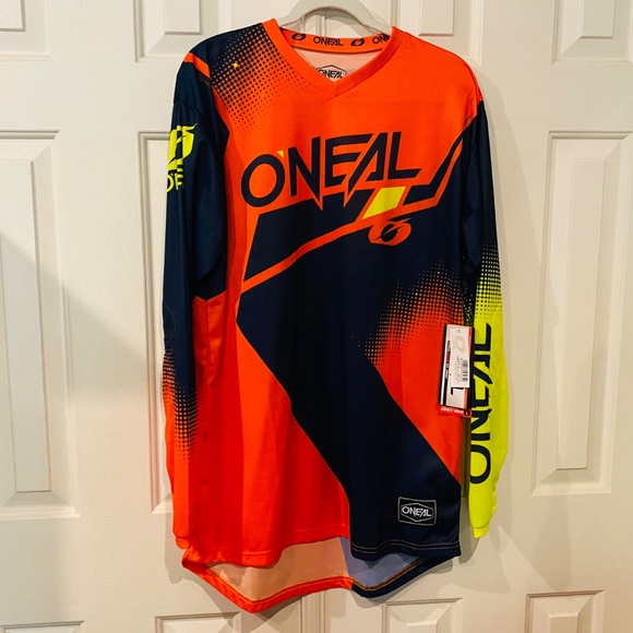 New! O'Neal Mens L MX Jersey Blue Orange Neon Riding Long Sleeve Enjoy the Ride - Picture 2 of 6